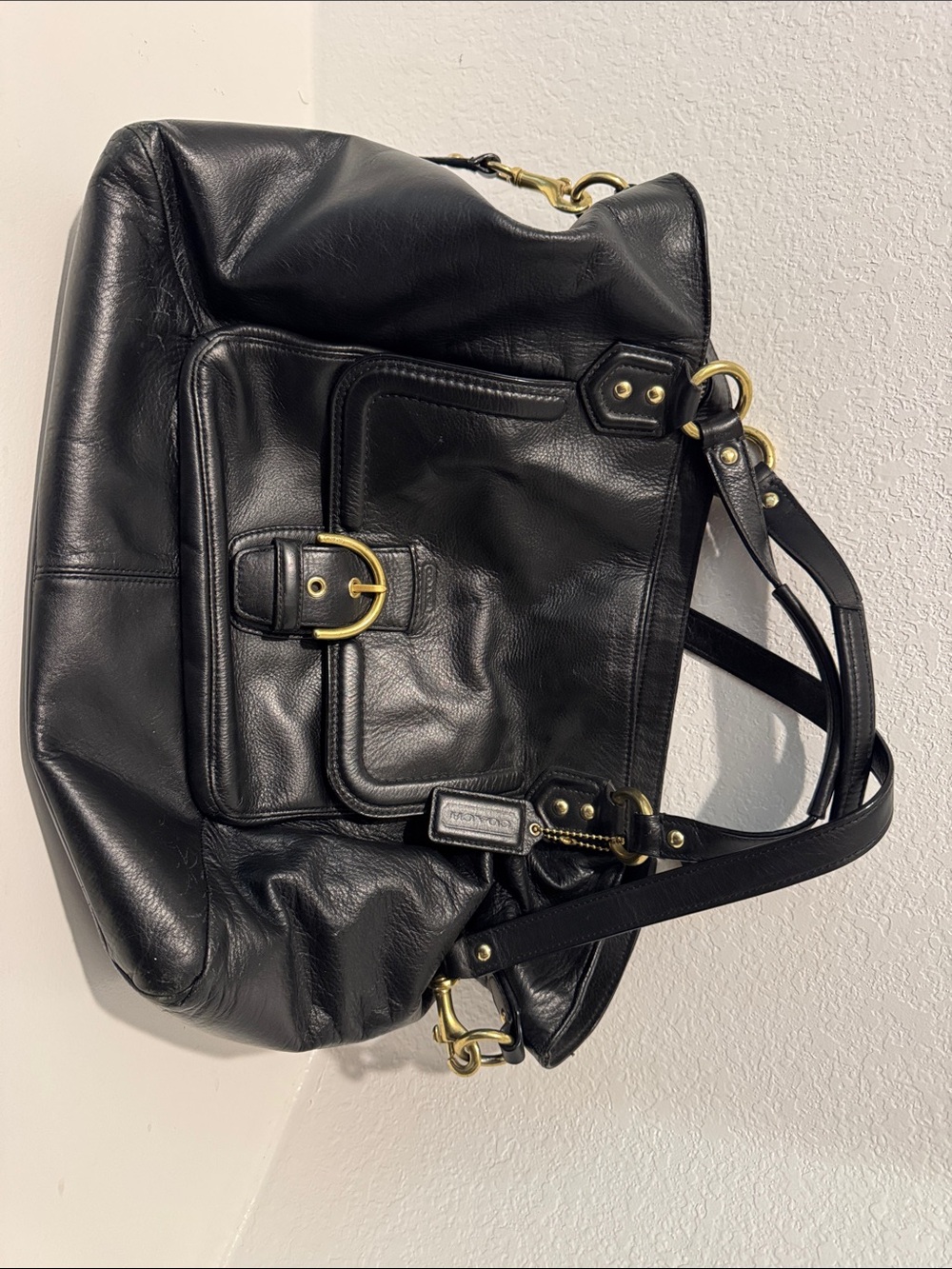 Coach Black Leather Shoulder Bag with Gold-Tone Buckle Details